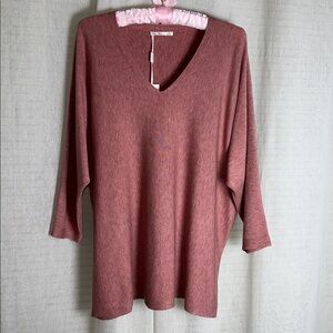 Vila Milano 1X Heather Pink Rose Bouquet V-Neck Dolman Sleeve Fine Knit Sweater